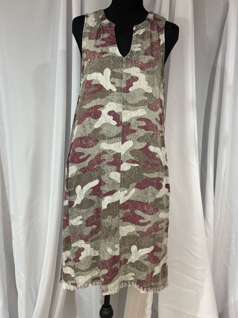 Mystree Olive Green, Burgundy & Cream Camouflage Midi Dress